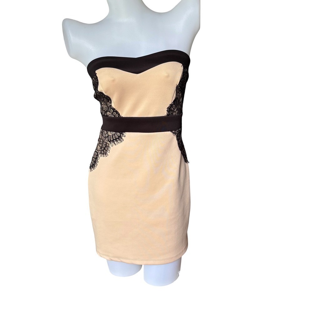 Autumn Wedding Guest Dress Strapless Bodycon Beige Black Lace Trim Sophisticated